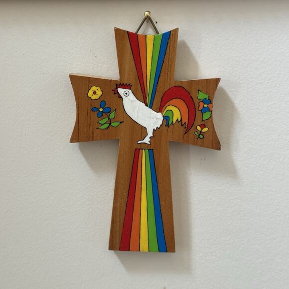 Cross El Salvador Vtg Handmade Rooster Rainbow Folk Art Colors Floral Religious - Picture 1 of 15